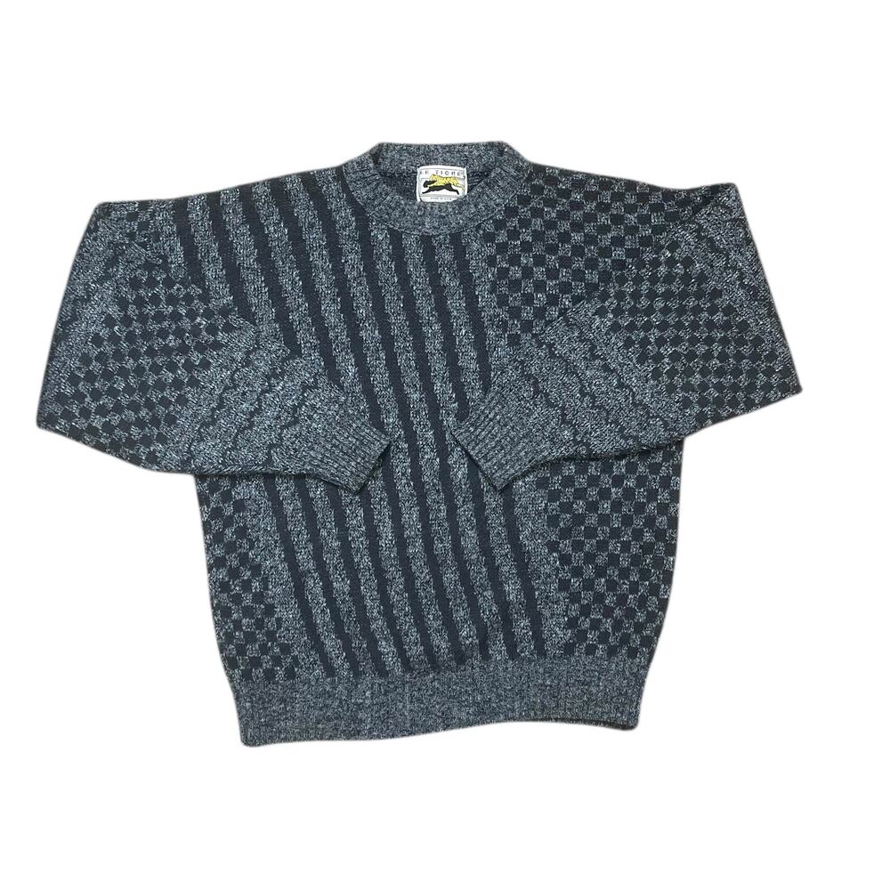 VTG Le Tigre Sweater Men M Gray Geometric Stripes Checkered Crewneck Grandpacore